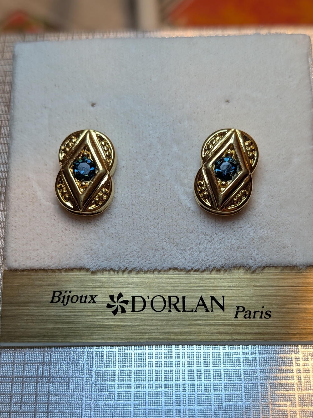 D'Orlan Gold Plated Pierced Earrings with Blue Swarovski Crystals New